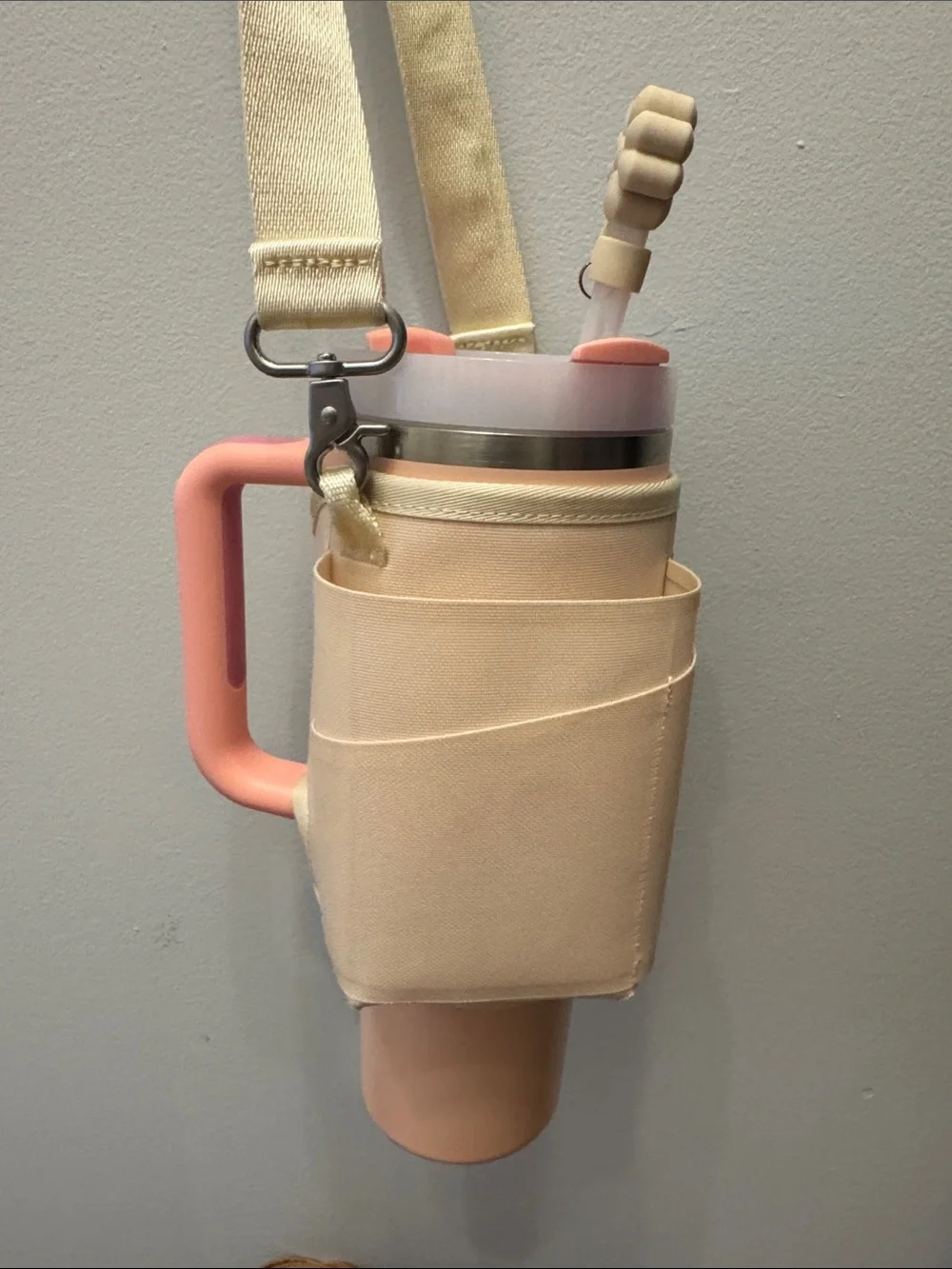 Stanley Cream and Pink Crossbody Bottle Carrier with Adjustable Strap
